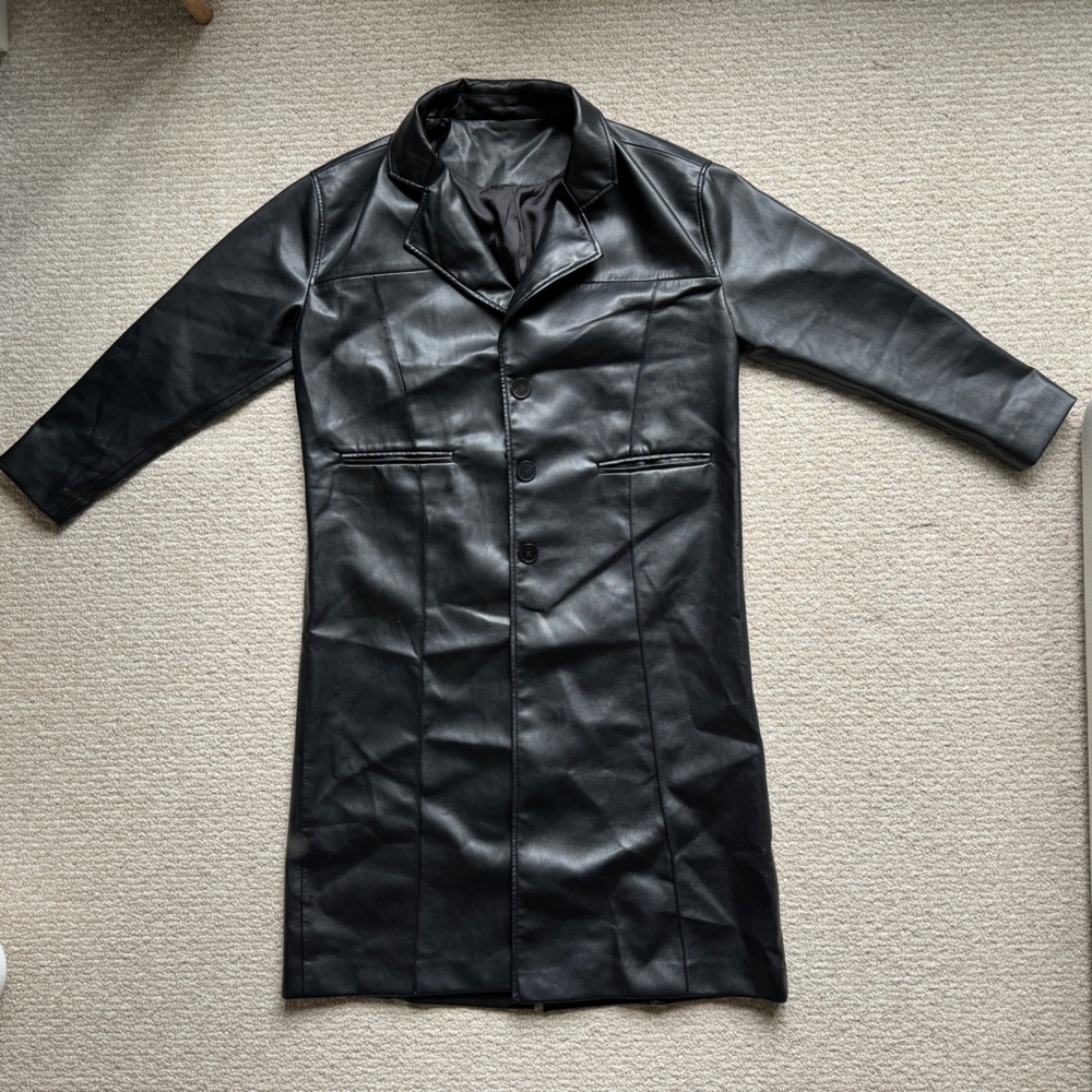 Faux leather long black trench coat